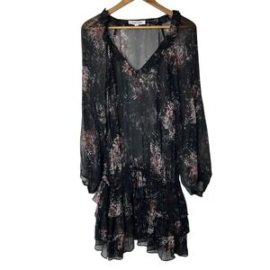 Elizabeth and James Dress‎ Size M Black Abstract Sheer Long Sleeve Ruffle Mini